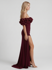 Mira Off Shoulder Ruffle Bardot Bodycon Maxi Dress Cherry Red view 4