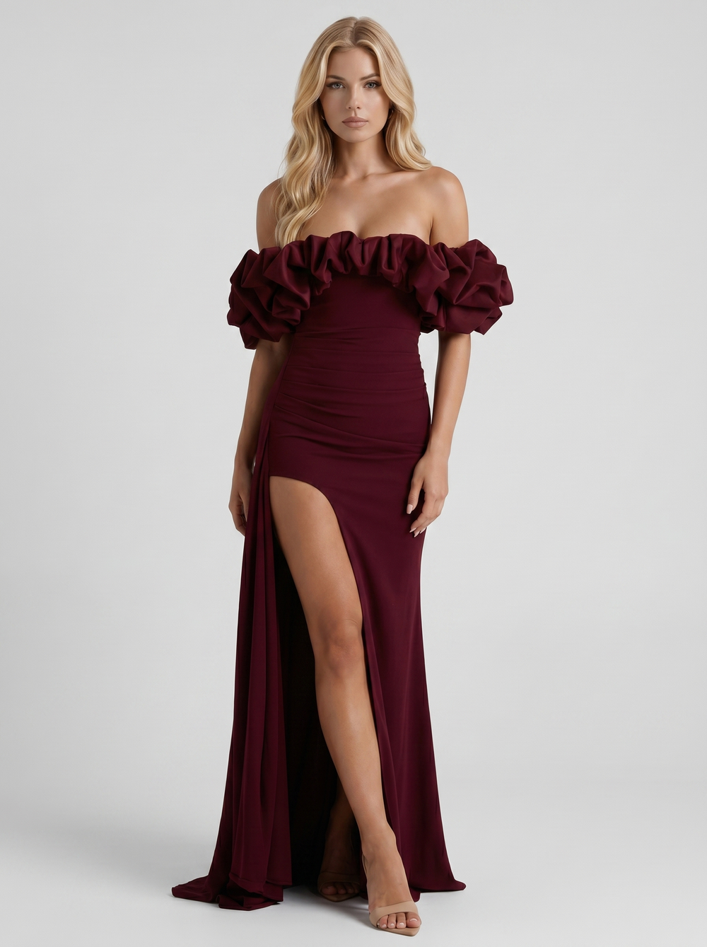 Mira Off Shoulder Ruffle Bardot Bodycon Maxi Dress Cherry Red