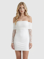 Nancy Off Shoulder Lace Sleeve Bodycon Mini Dress White view 2