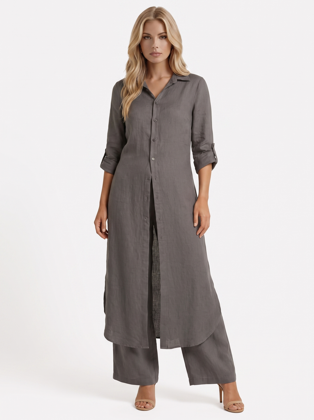 Nell Linen Button Front Wide Leg Pants Set Dark Grey