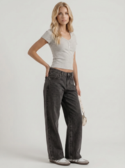 Nora Low Rise Wide Leg Denim Jeans Black Washed view 3