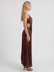 Opaline One Shoulder Sunray Pleated Maxi Dress Chocolate view 4