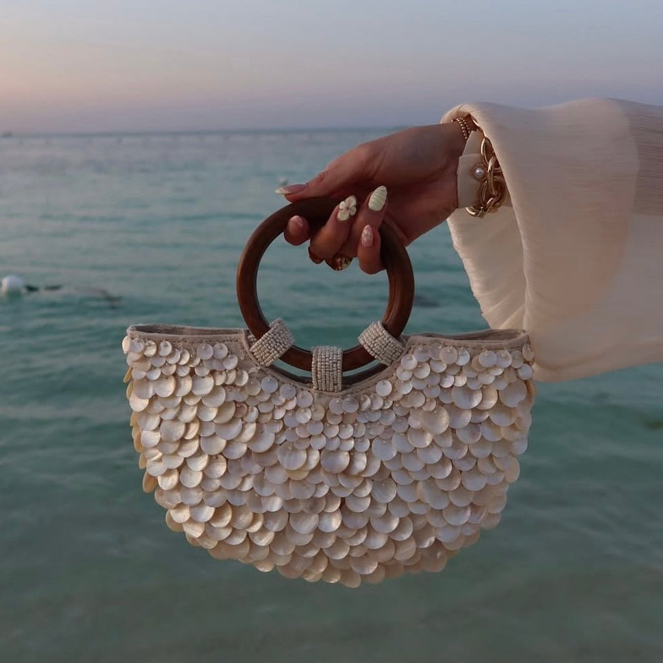 Penelope Shell Embellished Top Handle Beach Handbag Ivory