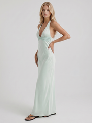 Saskia Halter V Plunge Satin Bodycon Maxi Dress Mint Green view 3