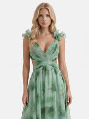 Sorelle Plunge Cutout Tiered Chiffon Maxi Gown Green Floral view 2