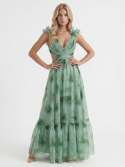 Sorelle Plunge Cutout Tiered Chiffon Maxi Gown Green Floral view 3