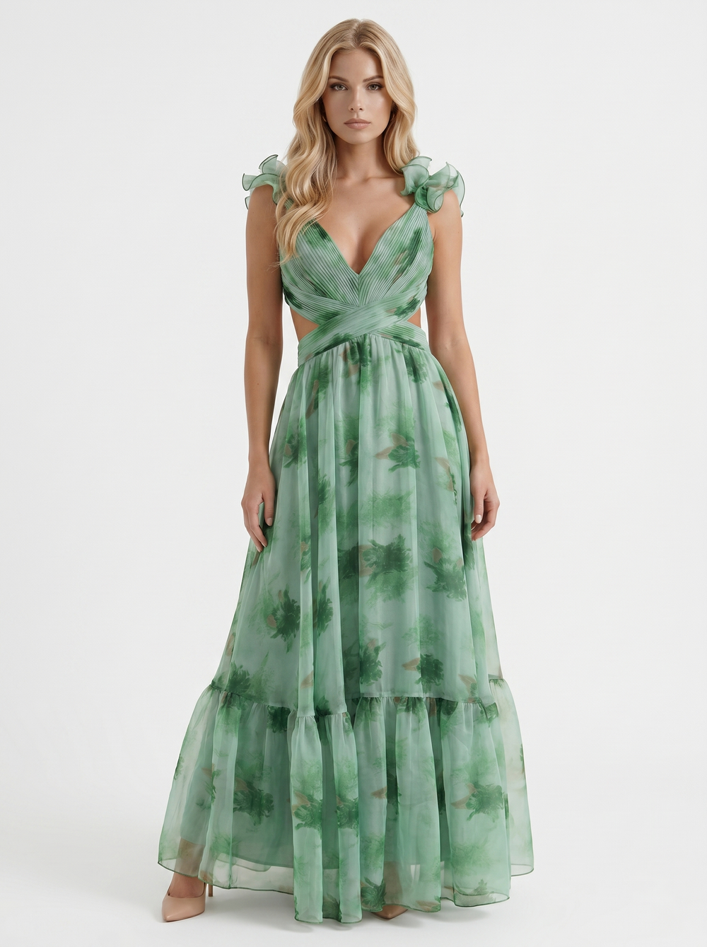 Sorelle Plunge Cutout Tiered Chiffon Maxi Gown Green Floral