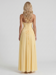 Vera Plunge V Halter Ruched Maxi Dress Lemon view 5