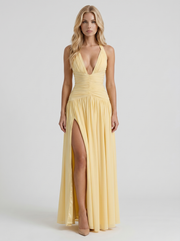 Vera Plunge V Halter Ruched Maxi Dress Lemon view 1