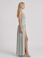 Vera Plunge V Halter Ruched Maxi Dress Sage view 4