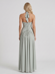 Vera Plunge V Halter Ruched Maxi Dress Sage view 5