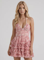 Vienna Pearl Halter Tiered Ruffle Mini Dress Pink view 2