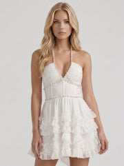 Vienna Pearl Halter Tiered Ruffle Mini Dress White view 2
