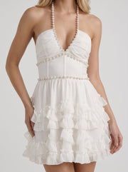 Vienna Pearl Halter Tiered Ruffle Mini Dress White view 6