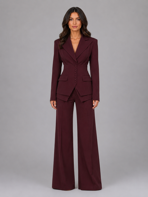Women’s Tailored Two-Piece Suit – Cinched Waist & Wide-Leg Trousers