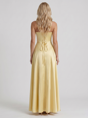 Adelaide V Neck Satin A Line Maxi Dress Lemon view 5
