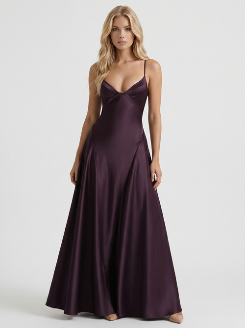 Adelaide V Neck Satin A Line Maxi Dress Plum