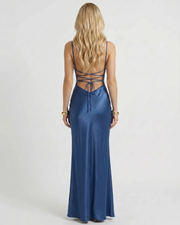 Adriana Satin Slip Maxi Dress Blue view 3