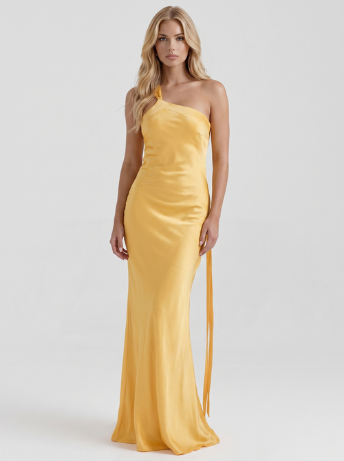 Amara One Shoulder Satin Column Maxi Gown Gold