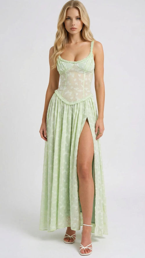 Amelia Lace Slit Maxi Dress Green