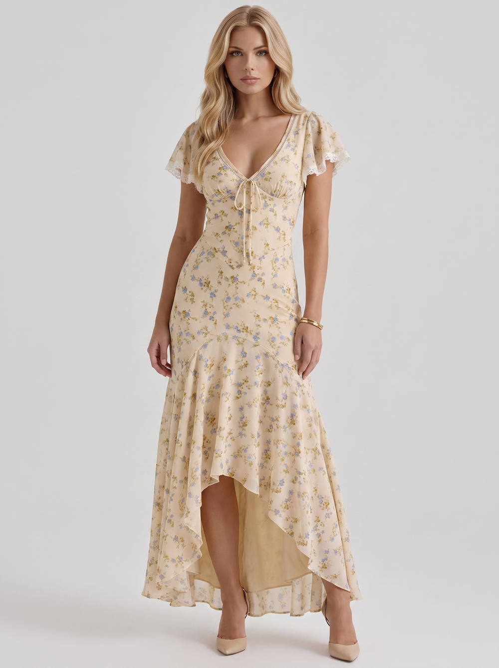 Amina Floral V Neck Maxi Dress Buttercream Yellow