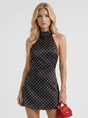 Anais Mock Neck Halter Polka Dot Satin Mini Dress Black view 2