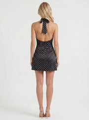 Anais Mock Neck Halter Polka Dot Satin Mini Dress Black view 5