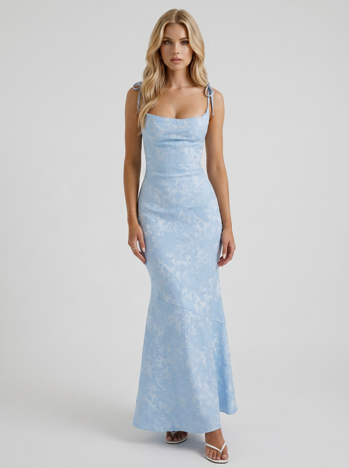 Aria Cowl Neck Textured Satin Bodycon Maxi Dress Blue
