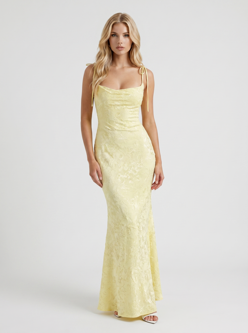 Aria Cowl Neck Textured Satin Bodycon Maxi Dress Lemon