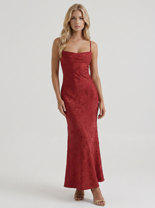 Aria Cowl Neck Textured Satin Bodycon Maxi Dress Red