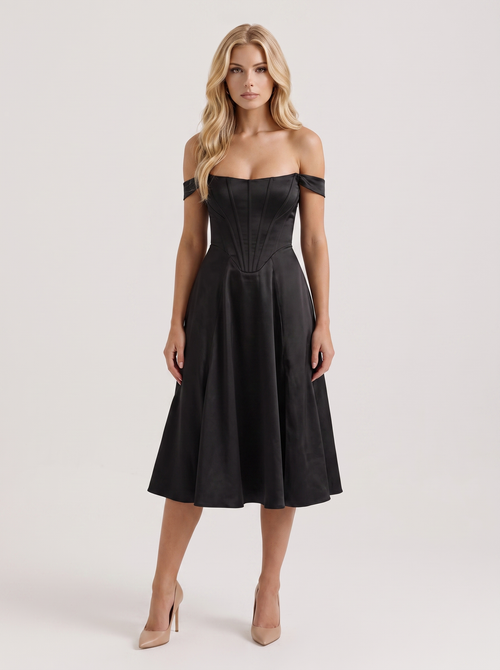 Astra Corset Off Shoulder Midi Dress Black