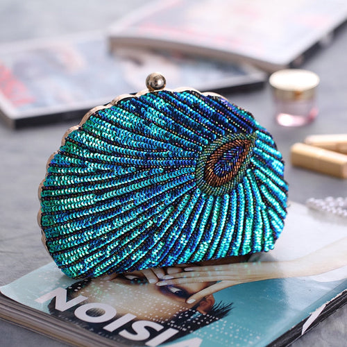 Astrid Sequin Peacock Beaded Clutch Party Bag Blue