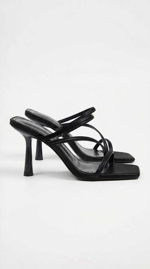 Aubrey Cross Strap Square Toe Mule Heel Sandals Black