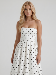 Audrey Strapless Pleated A Line Midi Dress Black Polka Dot view 2