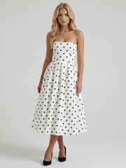 Audrey Strapless Pleated A Line Midi Dress Black Polka Dot view 1