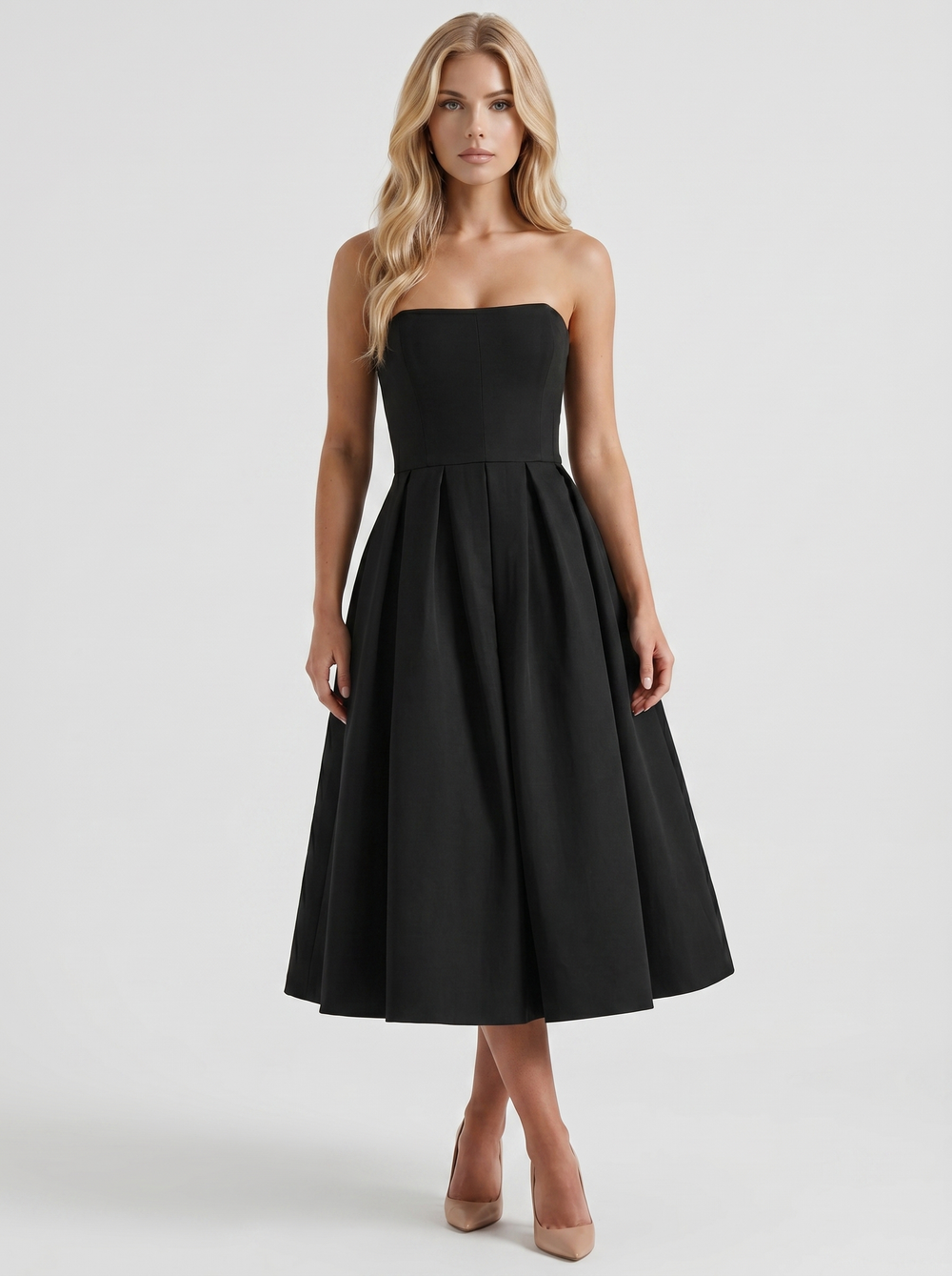 Audrey Strapless Pleated A Line Midi Dress Black