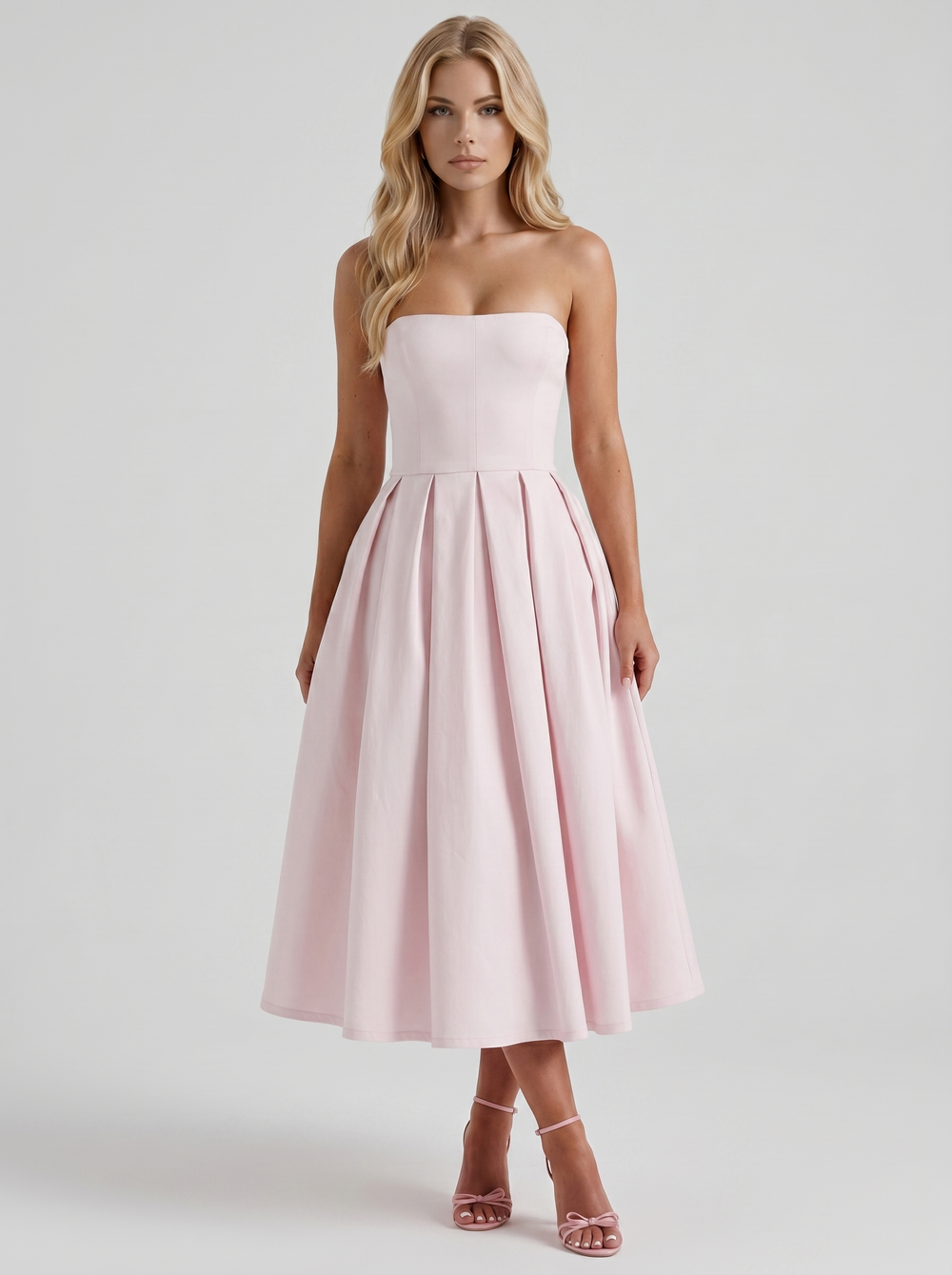 Audrey Strapless Pleated A Line Midi Dress Blush