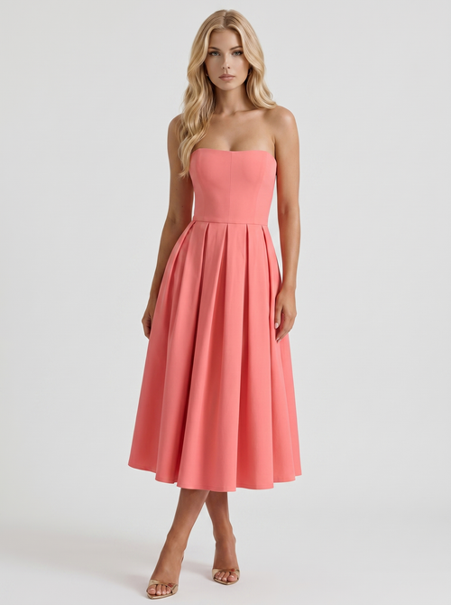 Audrey Strapless Pleated A Line Midi Dress Coral Pink