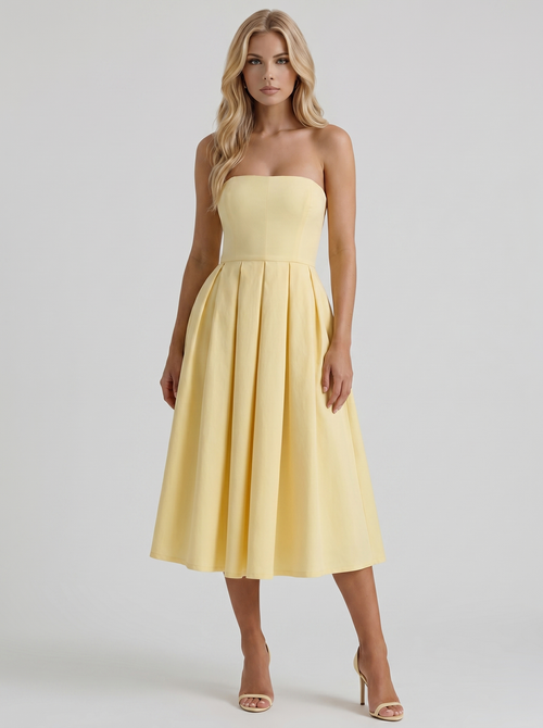 Audrey Strapless Pleated A Line Midi Dress Lemon
