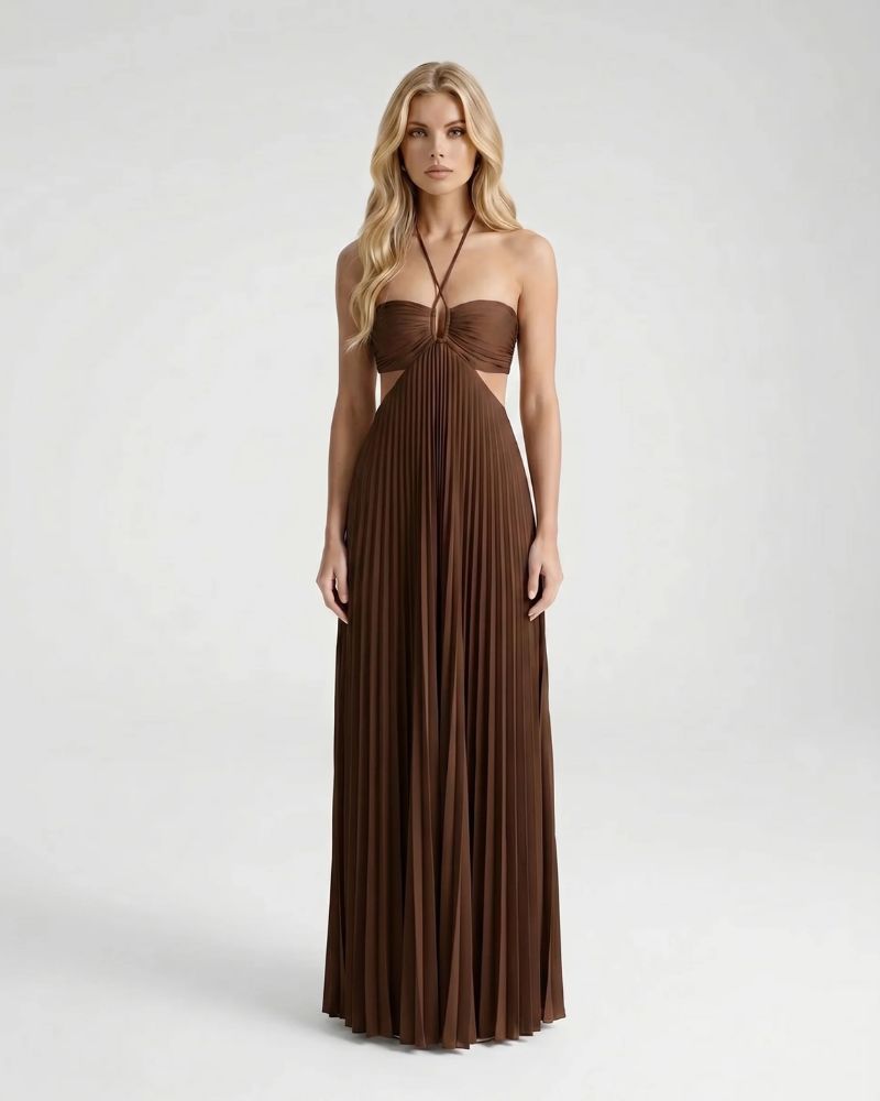 Aurora Pleated Cutout Maxi Dress Brown