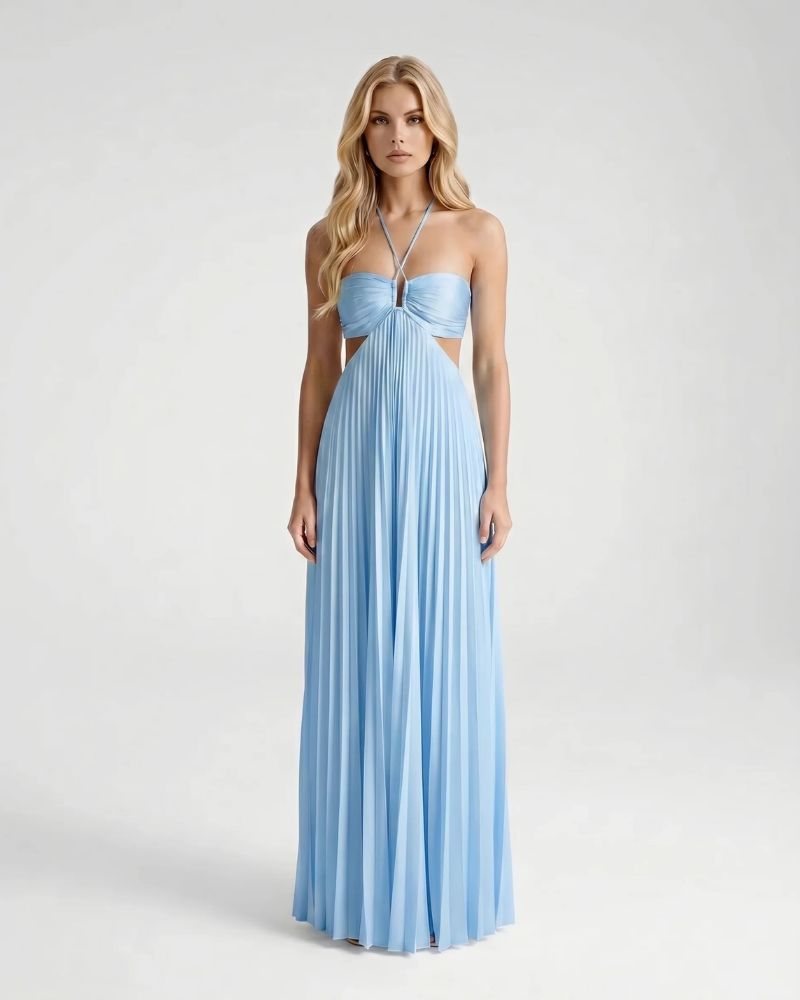 Aurora Pleated Cutout Maxi Dress Light Blue