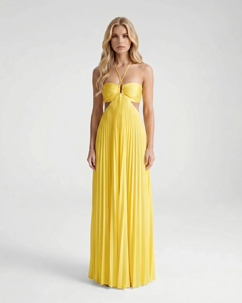 Aurora Pleated Cutout Maxi Dress Yellow