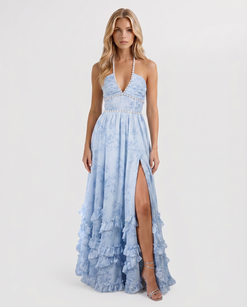 Bianca Ruffle Maxi Dress Sky Whisper