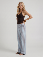 Brielle High Waist Wide Leg Tie Waist Linen Pants Blue Maroon Stripe view 3