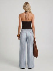 Brielle High Waist Wide Leg Tie Waist Linen Pants Blue Maroon Stripe view 5