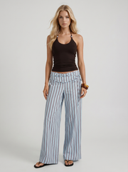 Brielle High Waist Wide Leg Tie Waist Linen Pants Blue Maroon Stripe view 1
