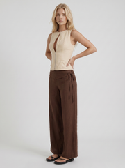 Brielle High Waist Wide Leg Tie Waist Linen Pants Brown view 3