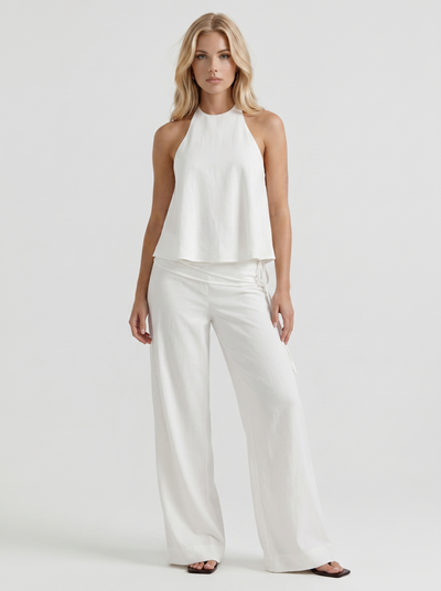 Brielle High Waist Wide Leg Tie Waist Linen Pants White