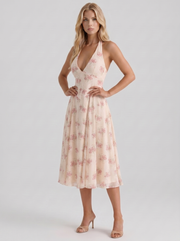 Camelia Halter Neck Georgette Midi Dress Cream Floral view 3