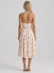 Camelia Halter Neck Georgette Midi Dress Cream Floral view 5